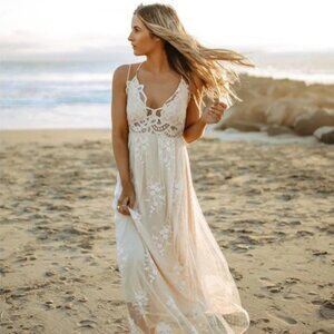 Baevely-Floral-Delicate-Vanilla White-Embroidered-Lace-Maxi Dress-Size Medium